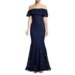 New! NICOLE BAKTI Off-Shoulder Floral Lace Trumpet Gown Dress Size 10 Navy Blue